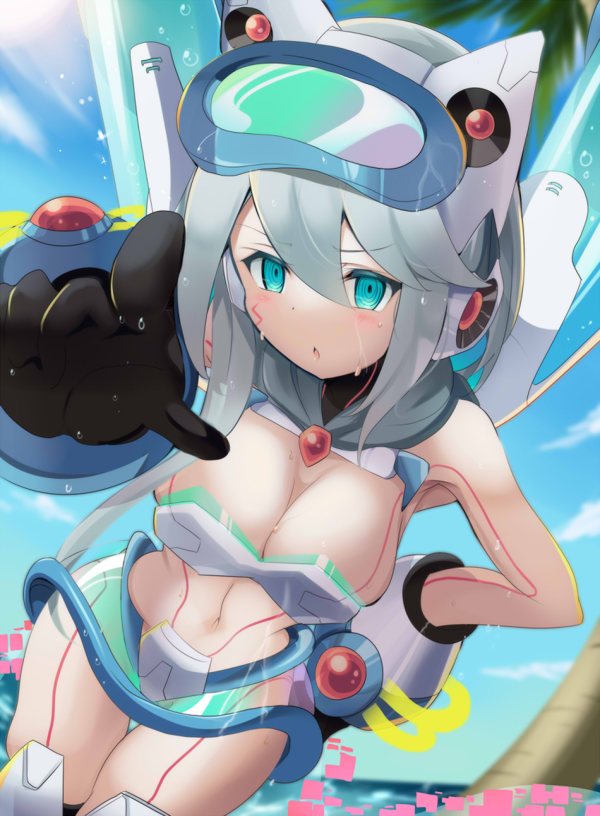 armpits beach big_breasts black_gloves blaster blue_eyes body_markings cybernetics ico_(mega_man) looking_at_viewer mega_man mega_man_x_dive reploid robot robot_girl robot_humanoid swimsuit swimsuit_ico_(x_dive) tagme tonchinkan underwear water wet white_hair