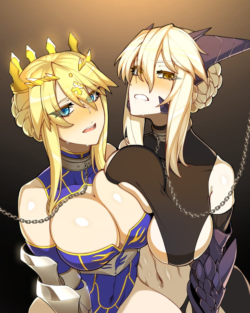 2girls artoria_pendragon_(all) artoria_pendragon_(lancer) artoria_pendragon_(lancer_alter) blonde_hair blue_eyes blush breast_squish breasts breasts_squish breasts_to_breasts chains cleavage clenched_teeth collar crown drooling fate/grand_order fate_(series) femsub huge_breasts hyperbudd leash midriff milf multiple_girls navel open_mouth pale-skinned_female pale_skin short_hair terebozu92 underboob white_hair yellow_eyes