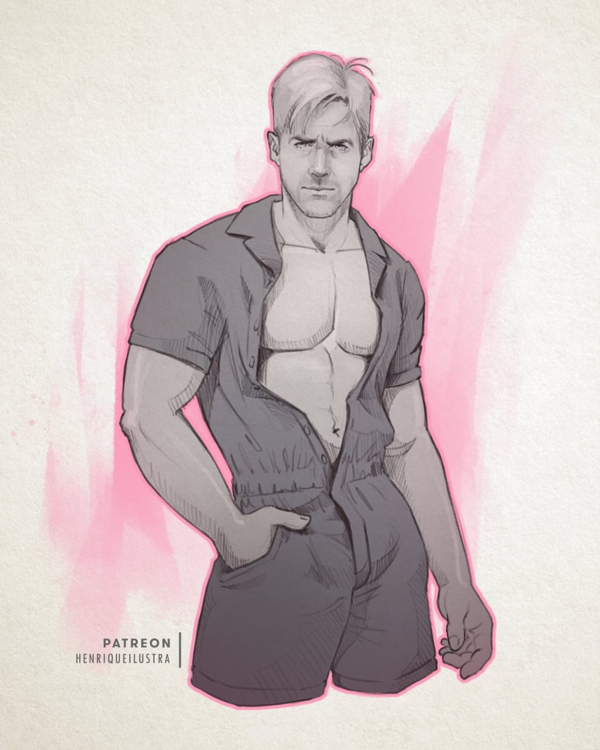 actor bulge celebrity henriqueilustra looking_at_viewer male male_only muscles muscular muscular_male open_shirt real_person ryan_gosling sketch