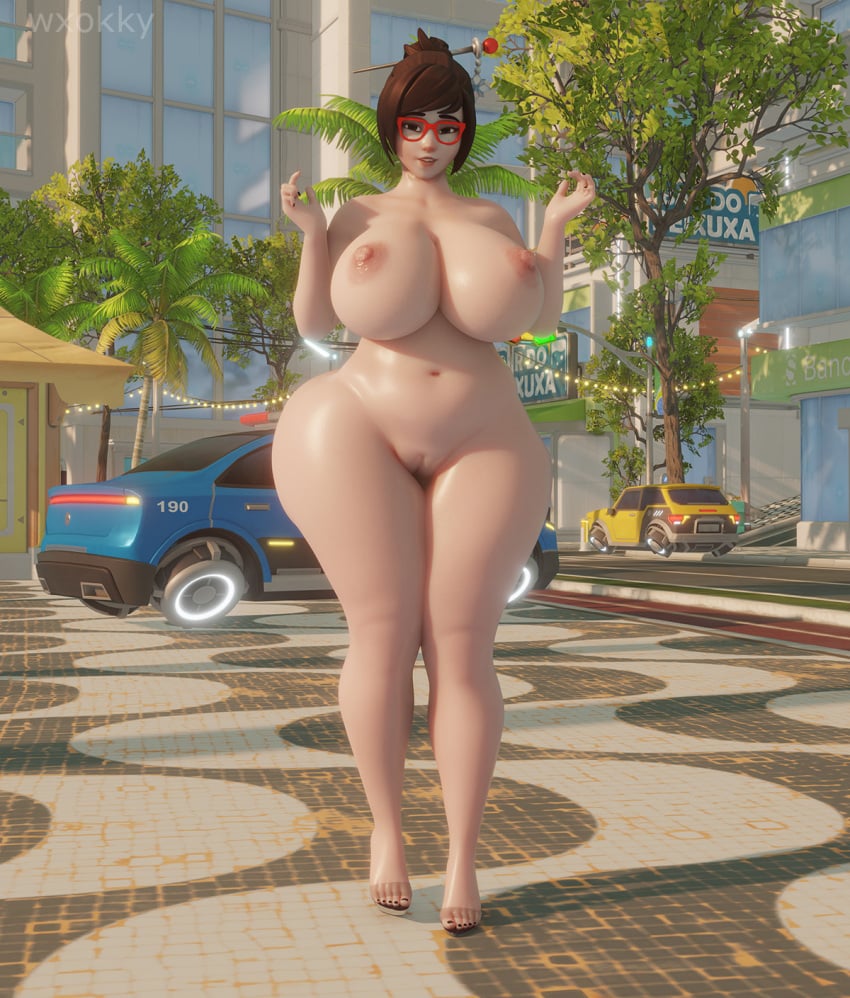 1girls 3d big_breasts big_nipples black_nails breasts breasts_bigger_than_head completely_nude completely_nude_female eyewear female female_only fingernails footwear full_body glasses high_heels mei_(overwatch) nail_polish naked naked_female naked_footwear naked_heels navel nude nude_female outside overwatch plump_labia puffy_pussy solo solo_female toenail_polish toenails wide_hips wxokky