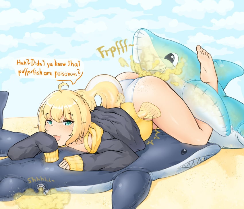 1girls beach fart fart_cloud fart_fetish farting fish_girl hali_(raki991) onomatopoeia playful raki991 solo