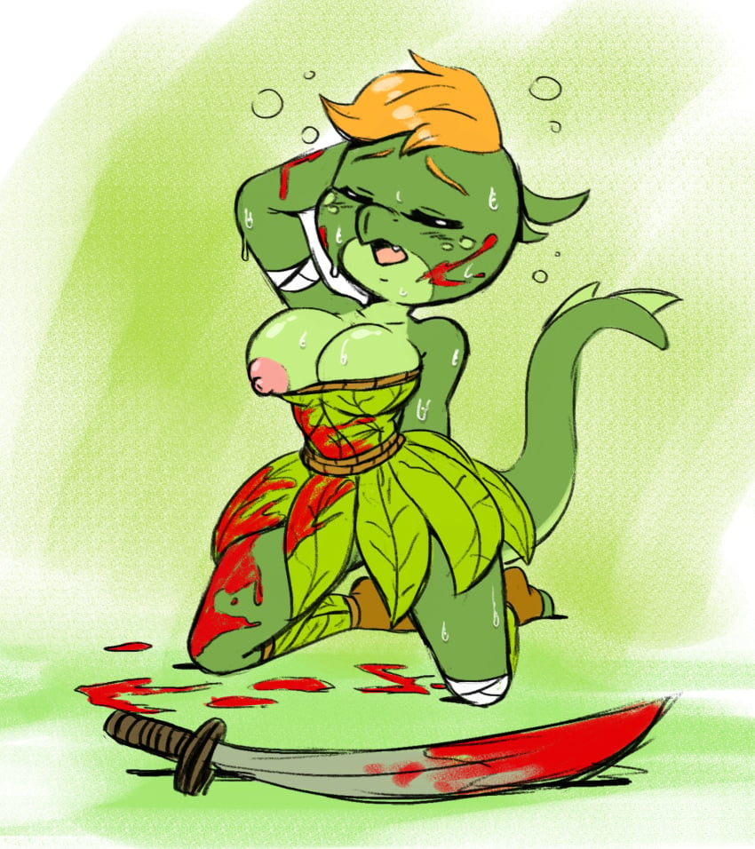 anthro blood bloody_clothes bloody_sword breasts closed_eyes female flexible green_body green_scales hands_behind_head joaoppereiraus leg_up lira_(joaoppereiraus) lizard lizard_girl lizard_humanoid nipple one_breast_out orange_hair scalie scalie_humanoid sweat sweating sweaty tales_of_sezvilpan_(copyright) thick thick_thighs thighs tired