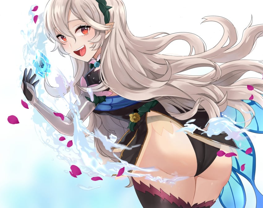 1girls alternate_costume ass bare_thighs big_ass black_panties corrin_(female)_(fire_emblem) corrin_(female)_(resplendent)_(fire_emblem) corrin_(fire_emblem) corrin_(fire_emblem)_(female) female female_only fire_emblem fire_emblem_fates fire_emblem_heroes grey_hair happy headband highres inner_thighs legs_together lilshironeko long_hair looking_at_viewer looking_back nintendo official_alternate_costume open_mouth panties pointy_ears red_eyes smile solo teeth thick_thighs thighhighs thighs underwear upper_teeth_only water white_background