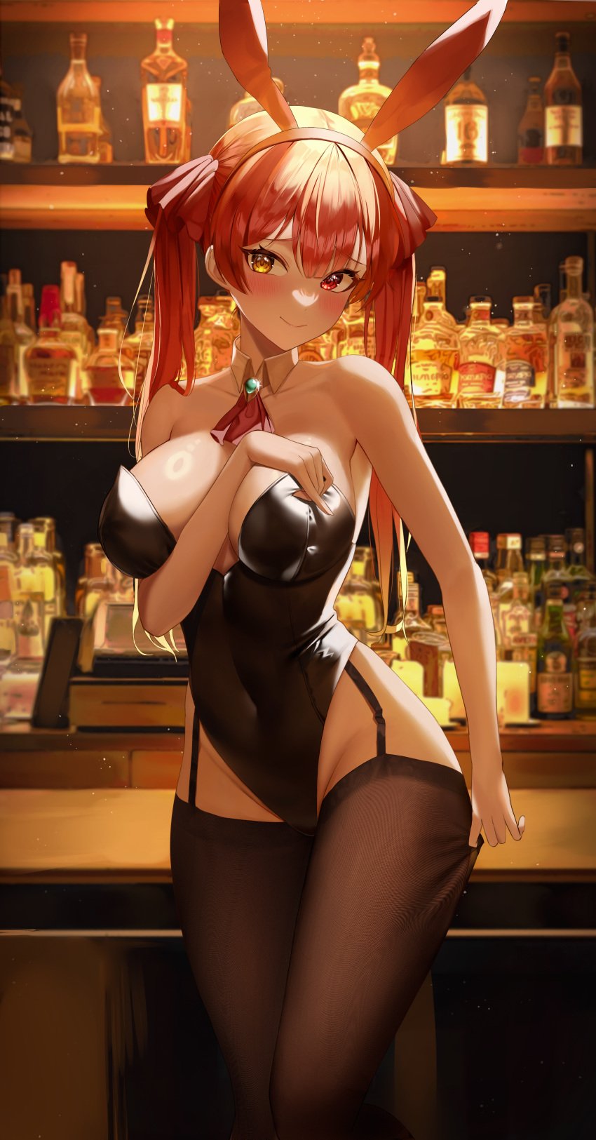 absurdres animal_ears arm_between_breasts ascot bar_(place) bare_arms bare_shoulders between_breasts black_garter_straps black_leotard black_thighhighs blush bottle breasts brooch collar covered_navel cowboy_shot detached_collar fake_animal_ears female garter_straps groin hand_on_own_chest heterochromia highleg highleg_leotard highres hololive hololive_fantasy hololive_japan houshou_marine indoors jewelry large_breasts leotard long_hair looking_at_viewer playboy_bunny rabbit_ears red_ascot red_eyes red_hair ryu_o strapless strapless_leotard thighhighs thighs twintails virtual_youtuber white_collar yellow_eyes