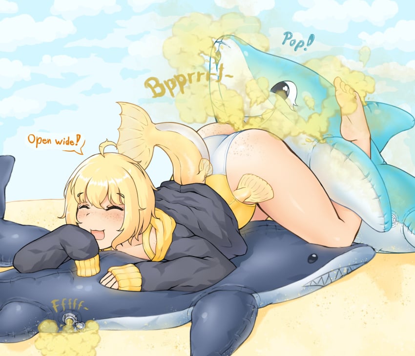 1girls beach bikini english_text fart fart_cloud fart_fetish farting flippers freckles hali_(raki991) inflatable playful raki991 shark_fin smile solo speech_bubble tail text