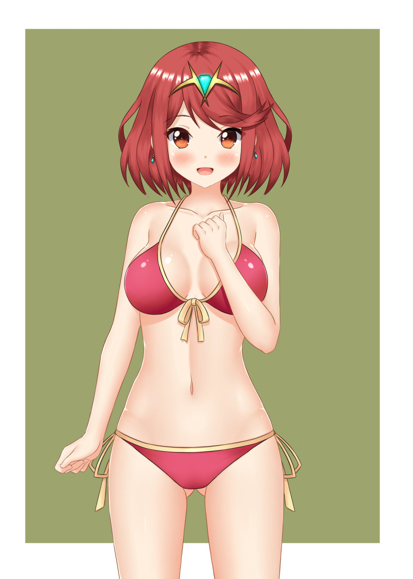 1girls bikini blush breasts earrings front-tie_bikini keshigomu large_breasts looking_at_viewer midriff navel nintendo pyra red_bikini red_eyes red_hair red_swimsuit short_hair side-tie_bikini side-tie_swimsuit swimsuit tiara xenoblade_(series) xenoblade_chronicles_2