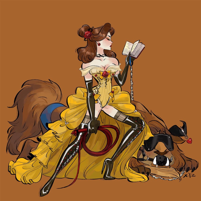 anthro ball_gag beast_(disney) beauty_and_the_beast belle bent_over bondage book boots bound brown_body brown_fur brown_hair chains claws clothing corset disney disney_prince disney_princess dominant dominant_female dominatrix dress duo ear_piercing ear_ring elbow_gloves eye_mask eyeliner fangs female femdom footwear fur gag gloves hair handwear heels hi_res high_heel_boots high_heels horn human interspecies laced_boots latex latex_gloves leash lingerie makeup male male/female mammal monster on_ground piercing reading ring_piercing rose_(disambiguation) simple_background standing submissive submissive_male teeth thigh_boots topwear underwear whip white_body xyz yingzong_x