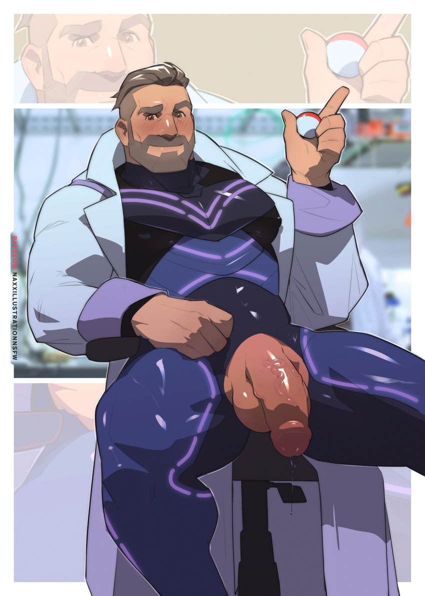 1boy balls bara beard big_balls big_penis blush bodysuit facial_hair labcoat male male_only muscles muscular naxxillustration nintendo npc_trainer penis penis_out pokemon pokemon_sv precum professor_turo sitting solo solo_focus solo_male spread_legs