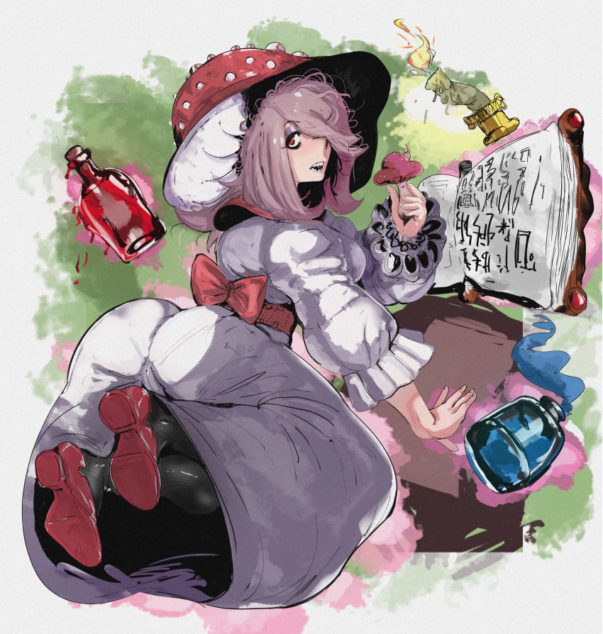 1girls big_ass big_breasts black_legwear book bottle candle cute deooxido eyeshadow female little_witch_academia magic mushroom mushroom_hat pink_hair red_ribbon red_shoes sucy_manbavaran tagme thick_thighs wide_hips