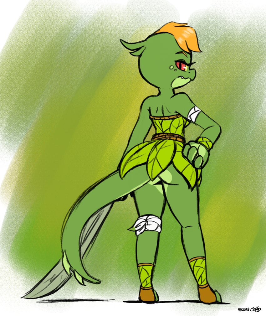 anthro breasts female flexible green_body green_scales joaoppereiraus leaf leaf_clothing leg_up lira_(joaoppereiraus) lizard lizard_girl lizard_humanoid looking_back orange_hair scalie scalie_humanoid tales_of_sezvilpan_(copyright) thick thick_thighs thighs