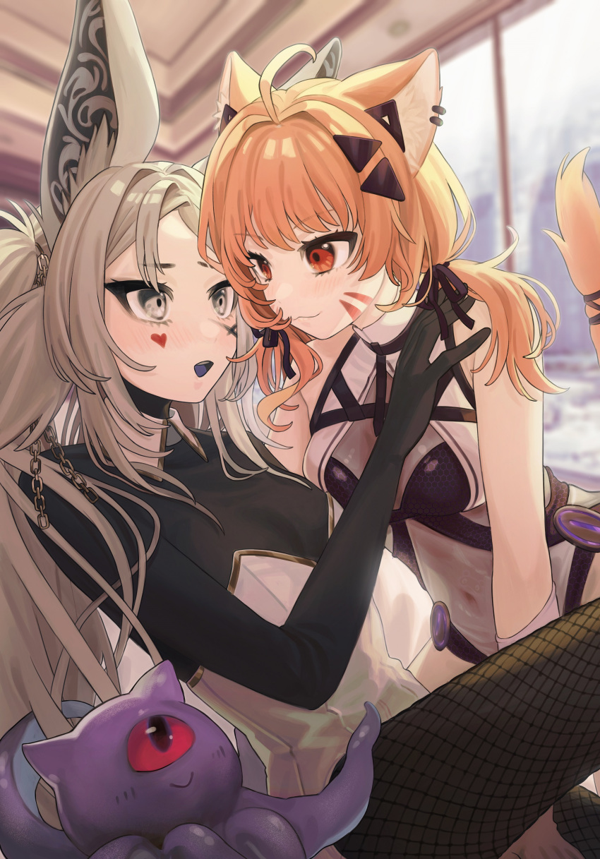 blonde_hair cat_ears cat_tail catgirl dya_rikku_(vtuber) females_only fox_ears red_eyes squchan_(vtuber) tanupon virtual_youtuber vyugen white_eyes white_hair