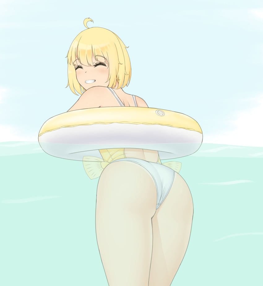 1girls ass_focus big_ass bikini cute_face fart fart_bubbles fart_cloud fart_fetish farting hali_(raki991) partially_submerged raki991 smile solo