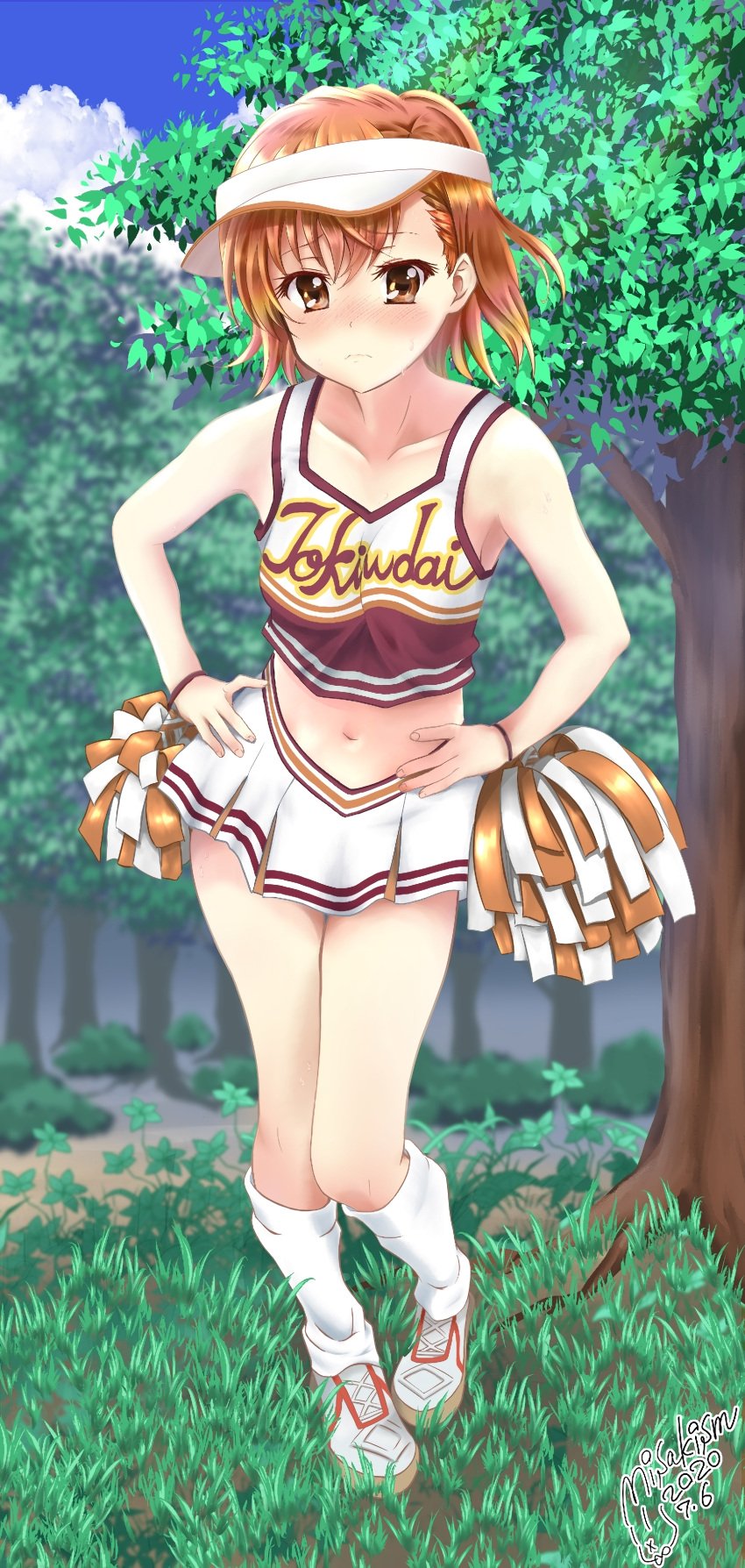 1girls 2020 2020s artist_name bare_shoulders bare_thighs blush breasts brown_eyes brown_hair cheerleader cloud collarbone dated day embarrassed female forest full_body grass hi_res kneehighs looking_at_viewer loose_socks matching_hair/eyes midriff miniskirt misaka_mikoto misakism navel outdoors short_hair sky small_breasts sneakers socks solo standing sun_visor sweat teenage_girl teenager thighs to_aru_kagaku_no_railgun to_aru_majutsu_no_index white_socks young