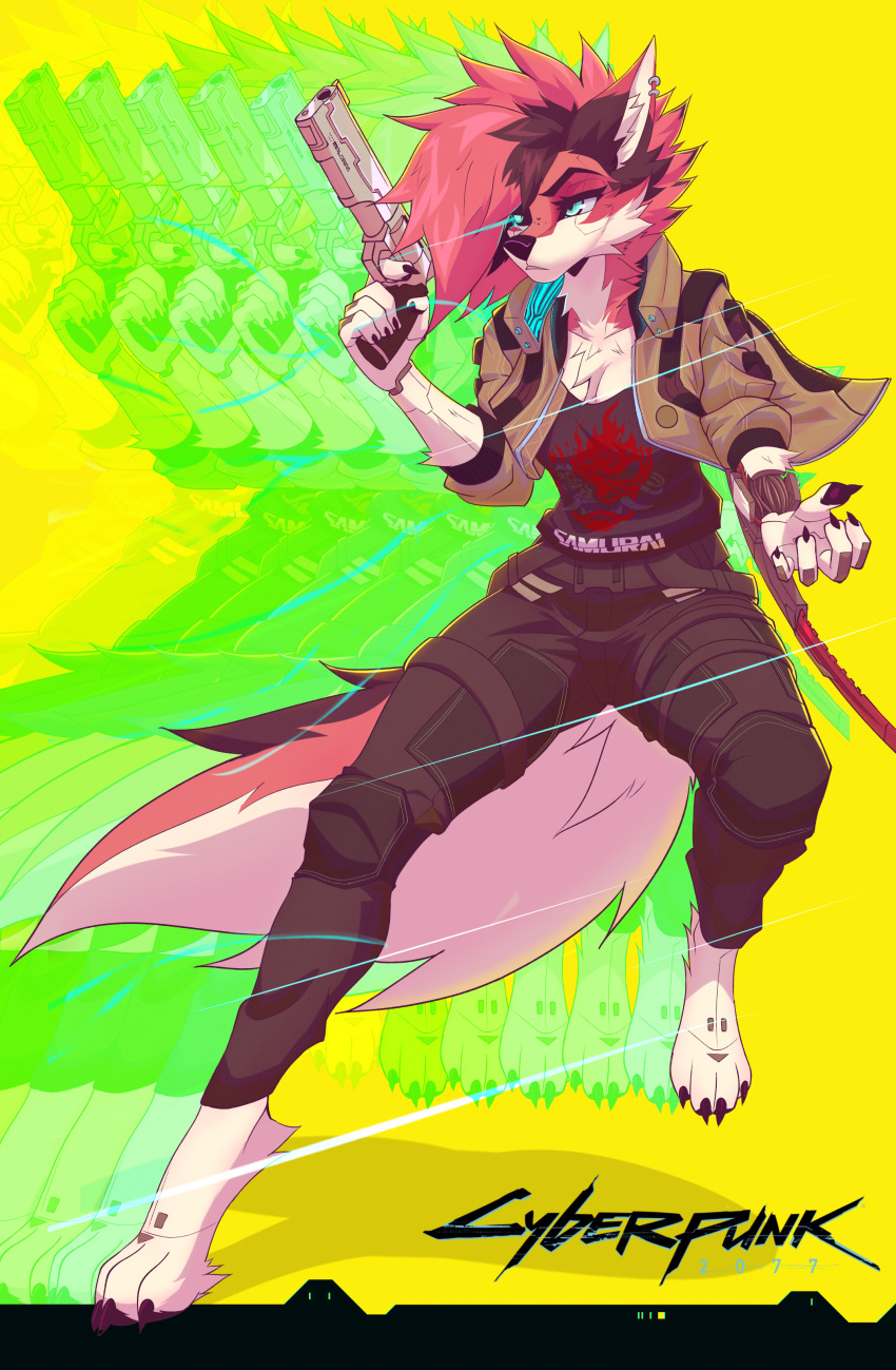 2022 5_fingers anthro blue_eyes bottomwear canid canine cd_projekt_red clothing cyberpunk cyberpunk_2077 digitigrade emblem english_text female firearm fox fur gun handgun hi_res high_resolution highres jacket mammal multicolored_body multicolored_fur pants potatokamaos ranged_weapon revolver sandevistan solo solo_anthro solo_female streetwear text topwear weapon