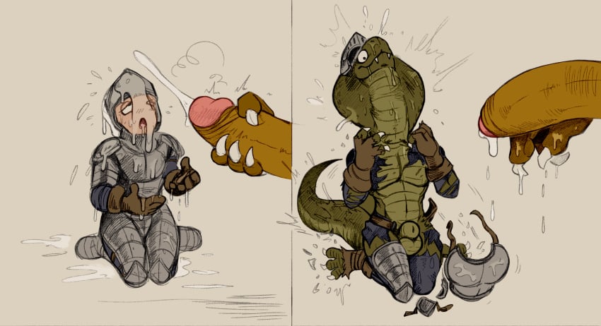 anthro bodily_fluids bukkake cum cum_on_body cum_on_face daftpatriot dark_souls duo fromsoftware genital_fluids glubdub hi_res human male male/male mammal manserpent masturbation transformation