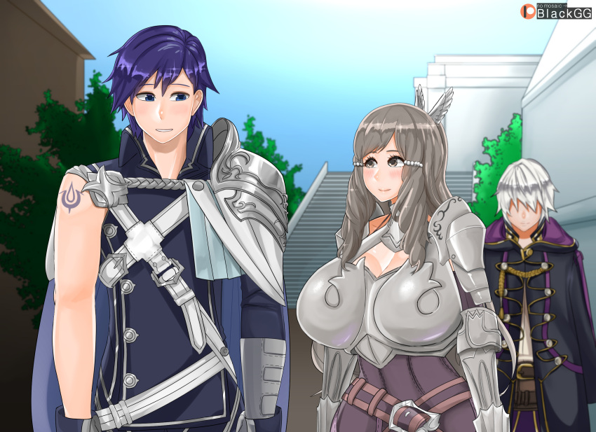 1girls 2boys bare_thighs blackgg breasts brown_eyes brown_hair cheating chrom_(fire_emblem) curvy female fire_emblem fire_emblem_awakening huge_breasts impossible_clothes long_hair male multiple_boys netorare nintendo robin_(fire_emblem) robin_(fire_emblem)_(male) sumia_(fire_emblem) thick_thighs thighs voluptuous