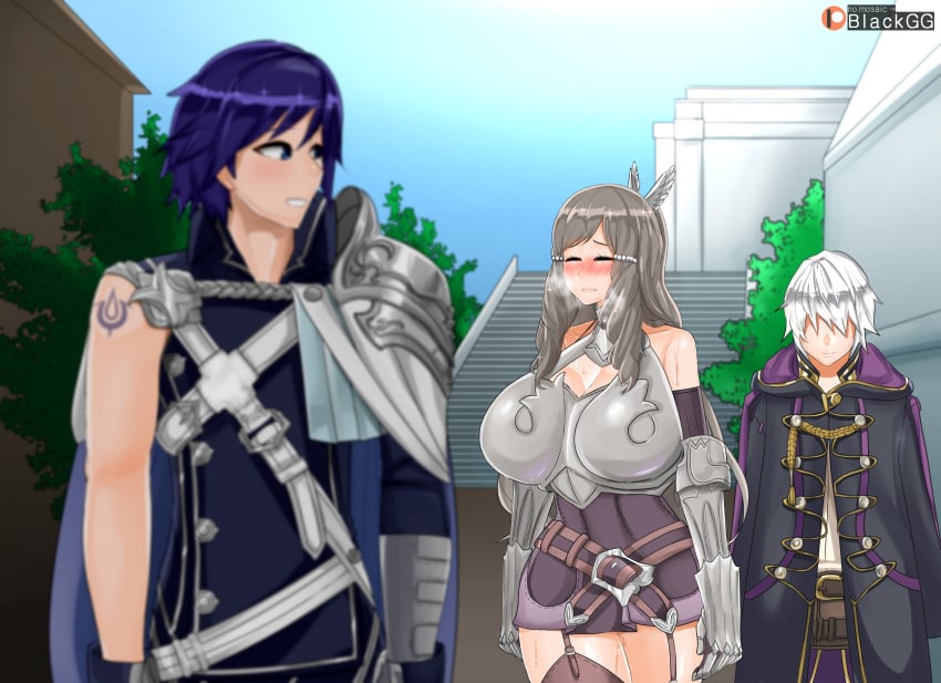 1girls 2boys bare_thighs blackgg breasts brown_eyes brown_hair chrom_(fire_emblem) curvy female fire_emblem fire_emblem_awakening huge_breasts long_hair male multiple_boys netorare nintendo robin_(fire_emblem) robin_(fire_emblem)_(male) sumia_(fire_emblem) thick_thighs thighs voluptuous