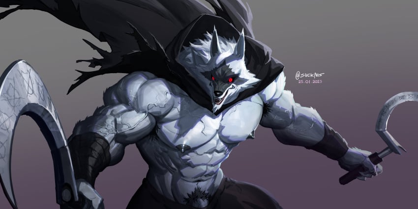 2023 5_fingers abs absurd_res anthro arm_wraps biceps black_cloak black_clothing black_nipples black_nose black_sclera body_hair bottomwear canid canine canis chest_hair cloak cloth clothed clothing death_(puss_in_boots) deltoids digital_media_(artwork) dreamworks dual_wielding fangs fingers fluffy fur genitals glistening glistening_body grey_background grey_body grey_fur grin hairy_body hi_res holding_object holding_weapon hood hooded_cloak humanoid_genitalia humanoid_penis looking_at_viewer male male_only mammal multicolored_body multicolored_fur muscular muscular_anthro muscular_male nipples pants pecs penis pubes puss_in_boots_(film) puss_in_boots_the_last_wish red_eyes serratus sharp_teeth sickle signature simple_background smile solo sparkles suck-nis tail teeth topless triceps two_tone_body two_tone_fur vein veiny_muscles weapon wolf wraps