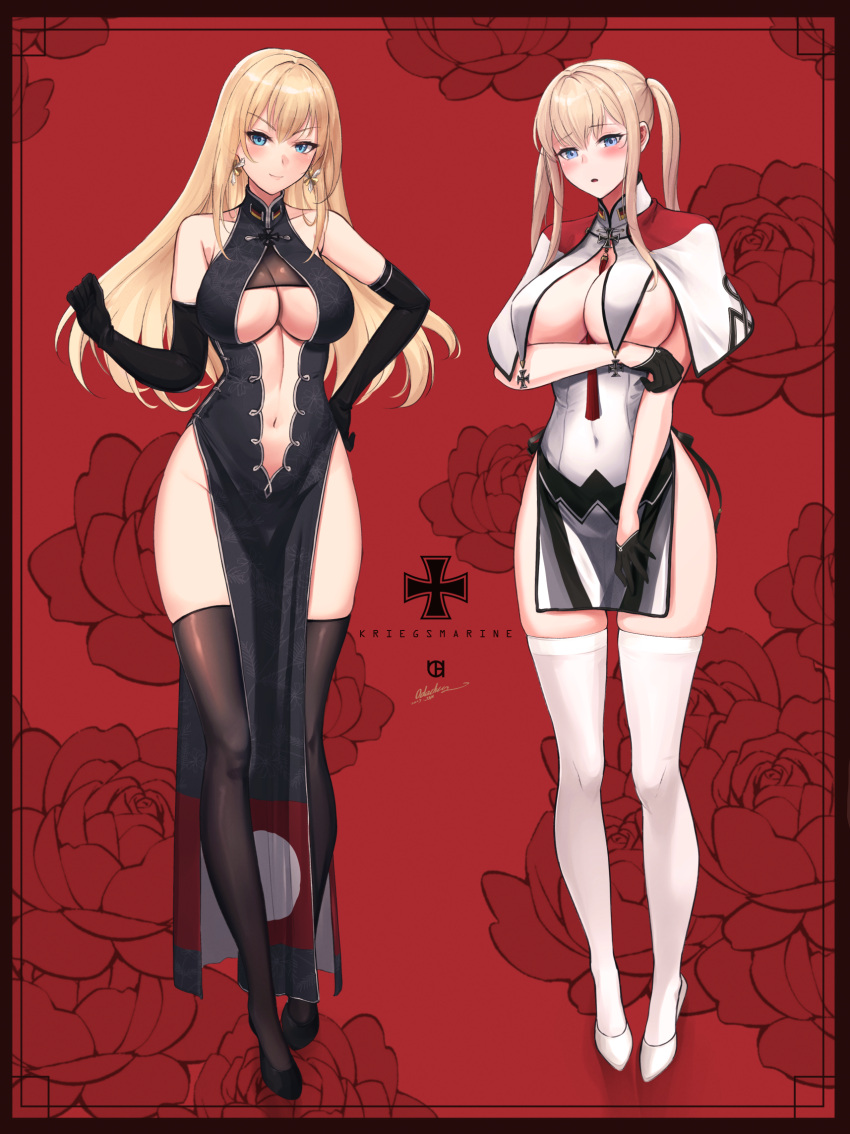 2girls adapted_costume artist_name bismarck_(kantai_collection) black_dress black_footwear black_socks black_thighhighs blonde_hair blue_eyes blush breast_curtains breasts capelet chinese_clothes closed_mouth covered_navel cross dress earrings female female_only full_body graf_zeppelin_(kantai_collection) groin hair_between_eyes high_heels highres iron_cross jewelry kantai_collection large_breasts long_hair multiple_girls navel odachu open_mouth pelvic_curtain sidelocks signature smile socks thigh_socks thighhighs twintails white_capelet white_dress white_footwear white_socks white_thighhighs