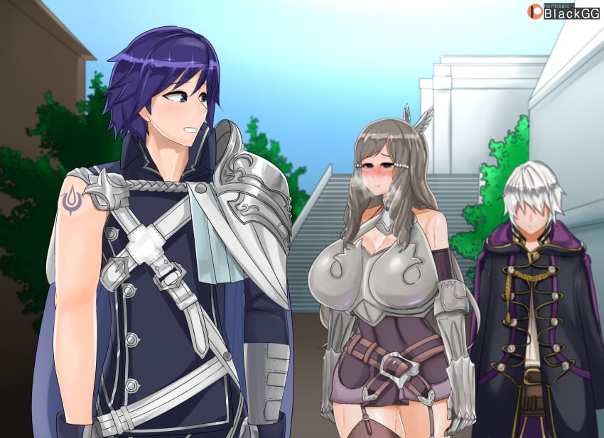 1girls 2boys bare_thighs blackgg breasts brown_eyes brown_hair chrom_(fire_emblem) curvy female fire_emblem fire_emblem_awakening huge_breasts implied_sex long_hair male multiple_boys netorare nintendo robin_(fire_emblem) robin_(fire_emblem)_(male) sumia_(fire_emblem) thick_thighs thighs voluptuous