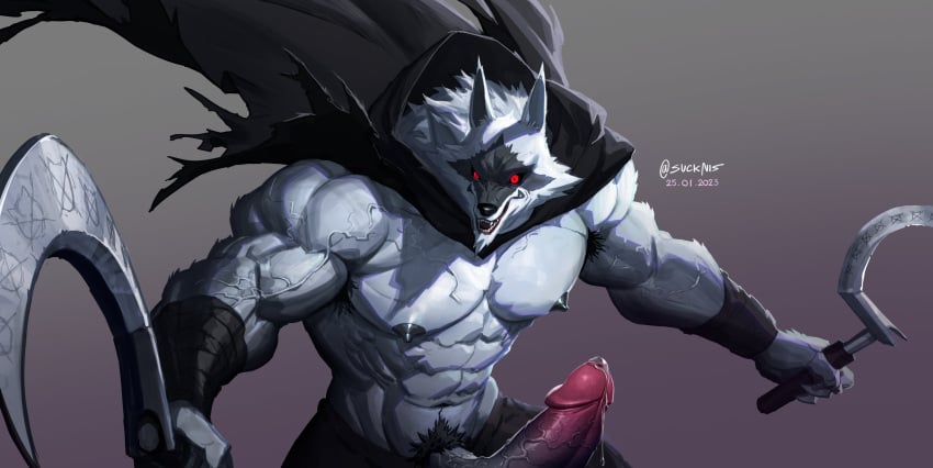 2023 5_fingers abs absurd_res anthro arm_wraps biceps big_penis black_cloak black_clothing black_nipples black_nose black_sclera bodily_fluids body_hair bottomwear canid canine canis chest_hair cloak cloth clothed clothing curved_penis death_(puss_in_boots) deltoids digital_media_(artwork) dreamworks dripping dual_wielding erection fangs fingers fluffy fur genital_fluids genitals glans glistening glistening_body grey_background grey_body grey_fur grin hairy_body hi_res holding_object holding_weapon hood hooded_cloak humanoid_genitalia humanoid_penis looking_at_viewer male male_only mammal multicolored_body multicolored_fur muscular muscular_anthro muscular_male nipples pants pecs penis pink_glans precum precum_drip pubes puss_in_boots_(film) puss_in_boots_the_last_wish red_eyes serratus sharp_teeth sickle signature simple_background smile solo sparkles suck-nis tail teeth topless triceps two_tone_body two_tone_fur vein veiny_muscles veiny_penis weapon wolf wraps