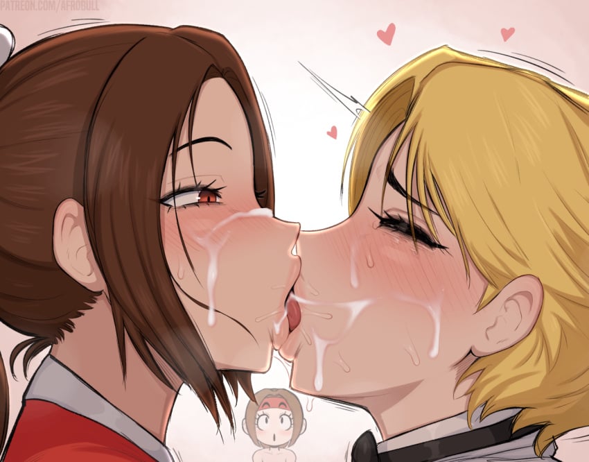 3girls afrobull art_of_fighting being_watched blonde_hair blush blushing bodily_fluids bow_tie brown_hair closed_eyes clothing cum cum_kiss cum_on_face cum_string eyelashes face_focus fatal_fury female female_only french_kiss half-closed_eyes hearts king_(snk) king_of_fighters kissing lesbian_kiss lips long_hair looking_at_partner mai_shiranui multiple_girls narrowed_eyes orange_eyes passionate passionate_kiss saliva saliva_on_face snk tongue watching white_background yuri yuri_sakazaki