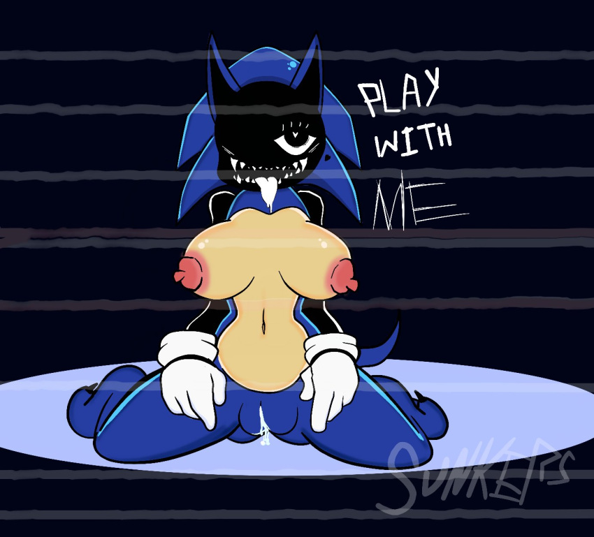 areolae barefoot big_breasts black_skin blue_fur blush_lines cyclops.iso dialogue english_text gloves heart-shaped_pupils hedgehog navel nipples nude one_eye pussy pussy_juice rule_63 sharp_teeth simple_background solo sonic.exe sonic.exe_(series) speed.gif sunkers tail tongue_out wet_pussy white_tongue