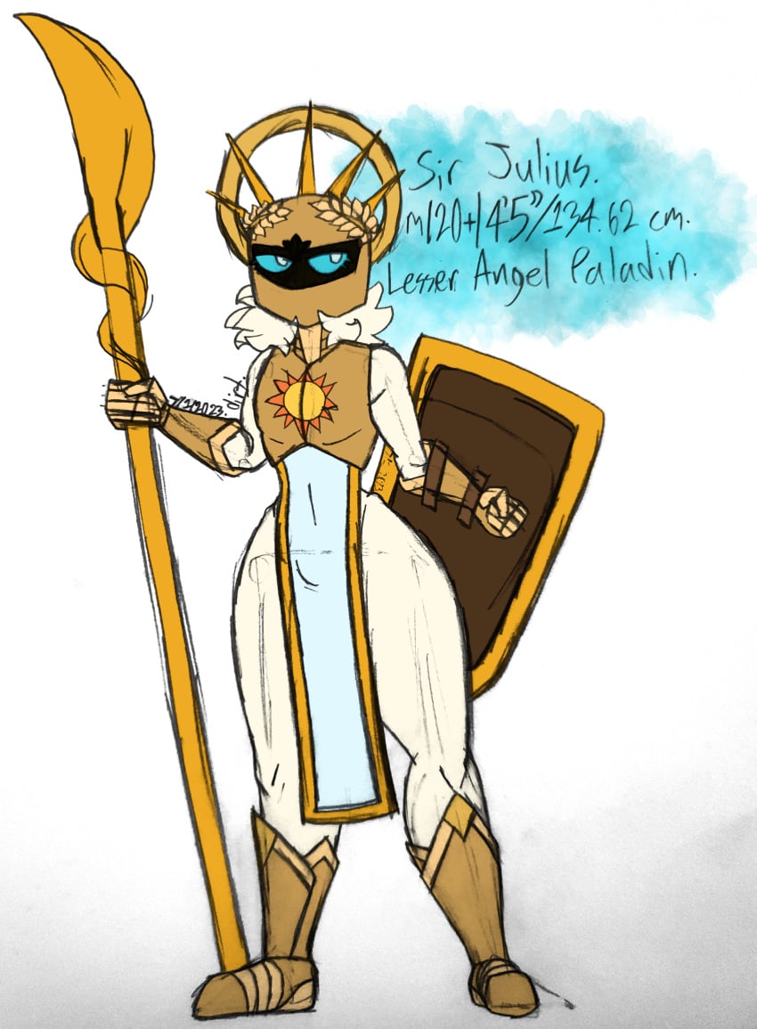 angel armor armored_boots armored_gloves blue_eyes breastplate bulge character_sheet colored_sketch dirtynamehere eyelashes faceless_character faceless_male femboy feminine_male fluffy_hair gold_(metal) gold_armor halo helmet hidden_face laurel_crown obscured_face paladin pale-skinned_male pale_skin polearm shield short_hair sir_julius_(dirtynamehere) slim_waist spear tabard text thick_thighs white_body white_hair