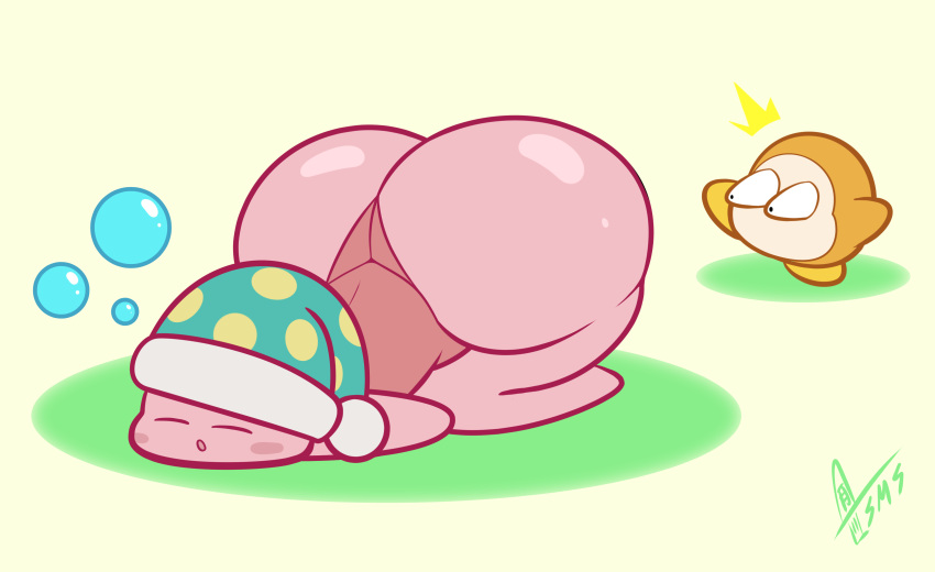 1boy1girl 2022 adorable ass awooga big_ass blush bubble_butt bubbles face_down_ass_up fat_ass huge_ass huge_butt hyper_ass kirby kirby_(series) leotard nightcap nintendo pink_body pink_skin sleeping supermoonshroom surprised tight_clothing video_games waddle_dee watermark