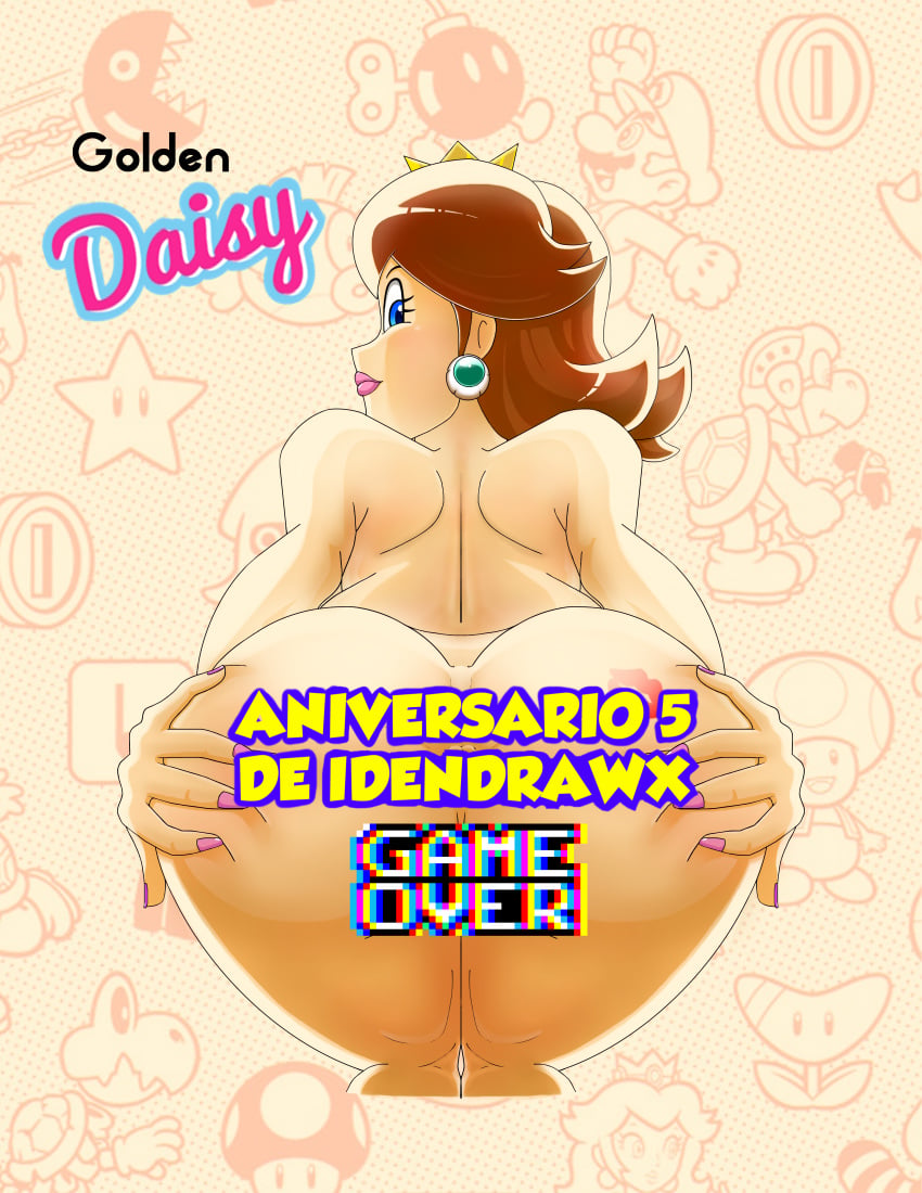 1girls ass bad_censor big_ass big_butt brown_hair butt censored covering female female_only idendrawx mario_(series) nintendo princess_daisy self_upload shoulder_length_hair solo