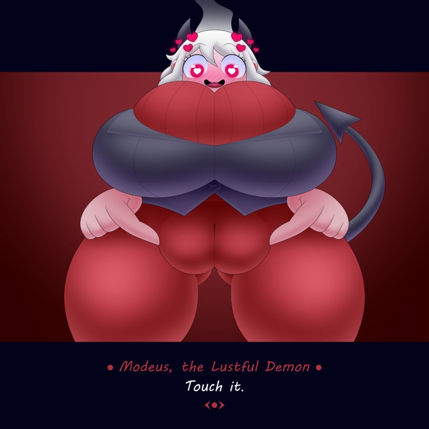 ass_visible_through_thighs blush breasts_bigger_than_head demon dialogue female from_below heart heart-shaped_pupils helltaker horns horny huge_breasts jacket metaskei modeus_(helltaker) puffy_pussy pussy skin_tight steam sweater tail talking_to_viewer thick_thighs touching_pussy white_hair wide_hips