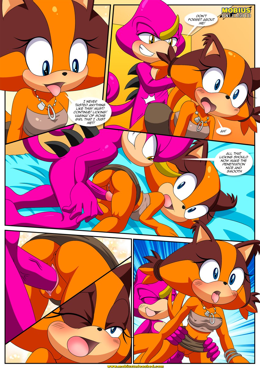 2girls anthro anus badger bbmbbf blue_eyes brown_fur clothing comic comic_page erection espio_the_chameleon female furry horn male male/female mobius_unleashed mustelid navel no_panties palcomix partially_clothed penis purple_body purple_skin reptile sega sex sonic_(series) sonic_boom sonic_the_hedgehog_(series) stickin'_around_(comic) sticks_the_badger text two_tone_body vaginal vaginal_penetration yellow_eyes