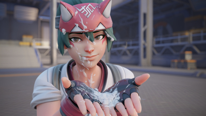 1girls 3d after_facial asian asian_female blizzard_entertainment brown_eyes clothed_female clothes cum cum_on_face cum_on_hair cum_on_hand cum_on_hat cum_on_neck face_markings female female_focus female_only green_hair hat kiriko_(overwatch) overwatch overwatch_2 ponytail presenting_hand smile so_lu