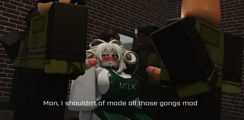 1girls 3d 5boys apron big_breasts blush blushing chadrad5656 choker commission criminality dick_on_chest dicks_out drool drooling glasses goat horn horns imminent_rape imminent_sex moosty roblox roblox_game robloxian source_request tagme text