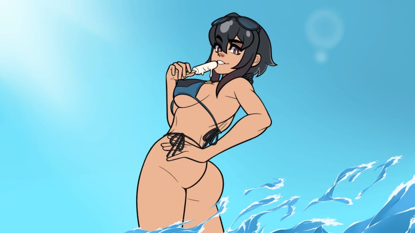 1girls anduo_games ass bangs beach black_hair brown_eyes hand_on_hip jenna_(third_crisis) nude nude_female perky_breasts popsicle ratedehcs smile smiling smirk summer sun sunglasses sunglasses_on_head swimsuit third_crisis thong water waves