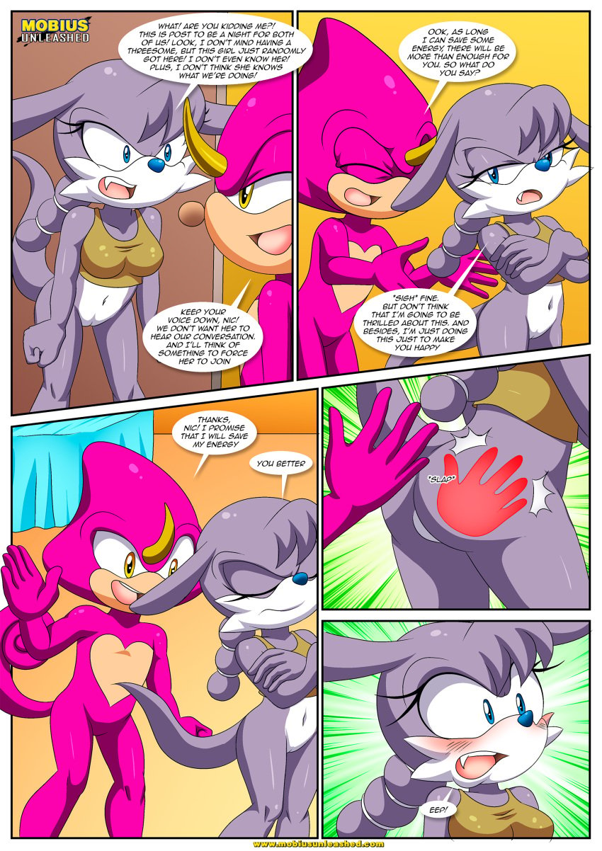 angry anthro ass bbmbbf blue_eyes blue_nose blush bottomless breasts comic comic_page espio_the_chameleon female furry horn male male/female mobius_unleashed mustelid nicolette_the_weasel palcomix partially_clothed ponytail purple_body purple_fur purple_hair purple_skin pussy reptile sega shocked slap slap_mark sonic_(series) sonic_the_hedgehog_(archie) sonic_the_hedgehog_(comics) sonic_the_hedgehog_(series) stickin'_around_(comic) text topwear weasel yellow_eyes