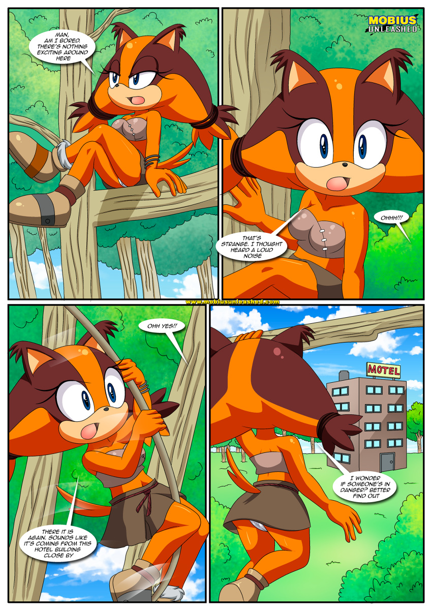 animal_ears anthro badger bare_midriff bbmbbf blue_eyes boob_tube breasts brown_fur clothed clothing comic comic_page english_text female furry mobius_unleashed mustelid orange_body orange_fur palcomix panties panty_peek sega skirt solo sonic_(series) sonic_boom sonic_the_hedgehog_(series) stickin'_around_(comic) sticks_the_badger strapless_top tail text two_tone_body upskirt