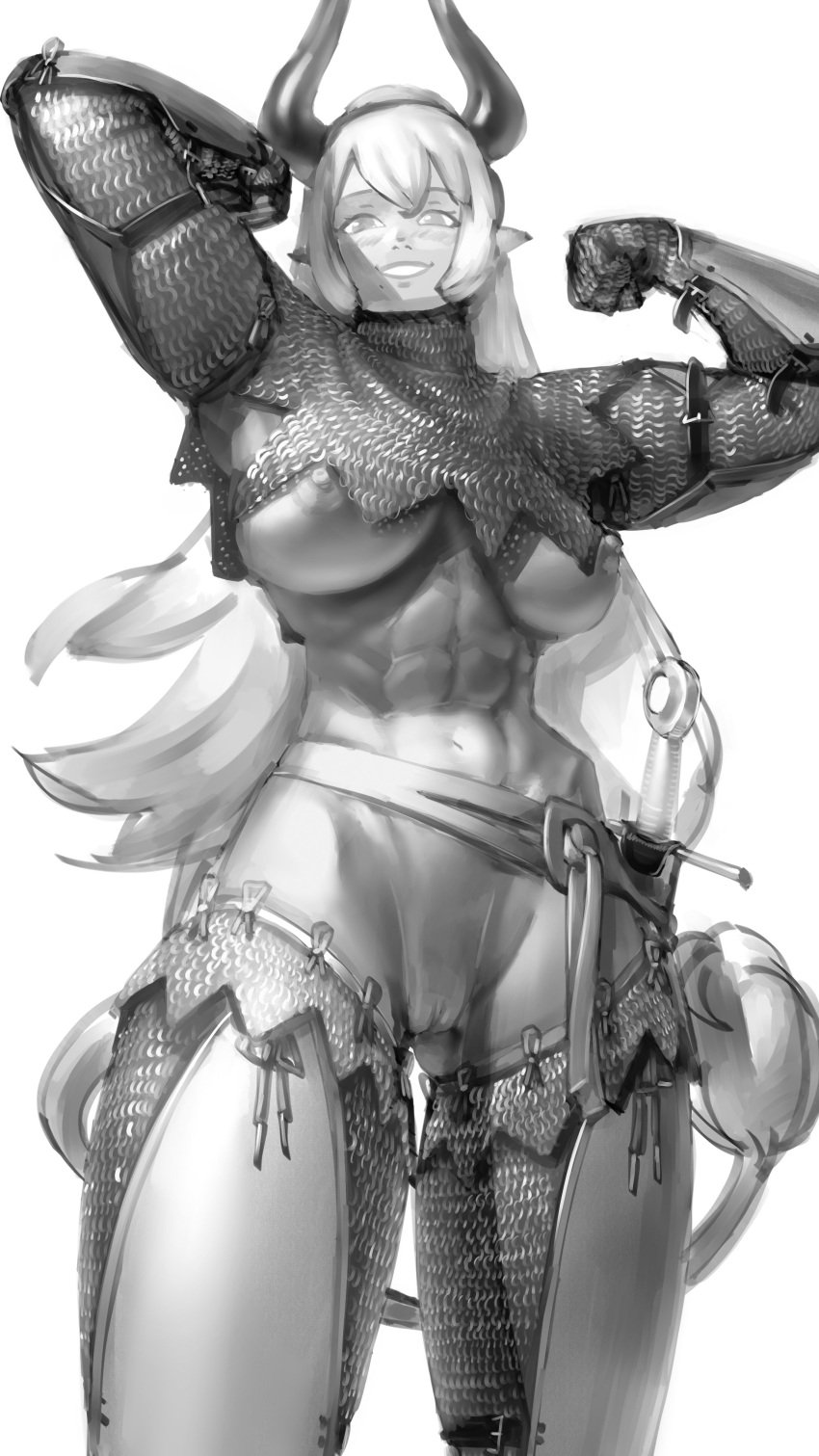 1girls abs armor belt blush breasts chainmail chausses cuisse female flexing gloves horns knight large_breasts looking_at_viewer mantle medieval_armour monochrome monster_girl muscular_female nipples ox_girl pointy_ears pussy rain-guard rerebrace scabbard sheath smile solo sword tail thighs vambraces very_long_hair wassnonnam