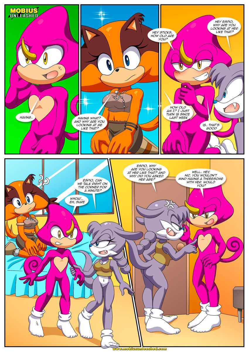 2girls anthro ass badger bbmbbf bed black_nose blue_eyes blush bottomless breasts brown_fur clothed clothing comic comic_page espio_the_chameleon fangs female footwear furry hair horn male male/female mobius_unleashed mustelid nicolette_the_weasel orange_body orange_fur palcomix ponytail purple_body purple_fur purple_hair purple_skin reptile sega socks sonic_(series) sonic_boom sonic_the_hedgehog_(archie) sonic_the_hedgehog_(comics) sonic_the_hedgehog_(series) stickin'_around_(comic) sticks_the_badger text topwear two_tone_body weasel yellow_eyes