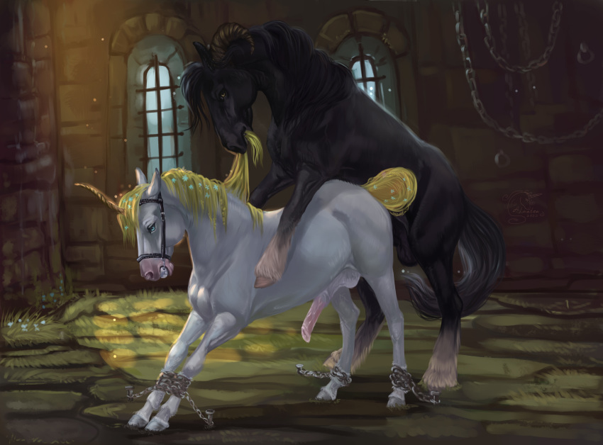 almatea anthro bondage duo equestrian equid equine feral genitals hi_res horn horse male male/male mammal penis sex unicorn