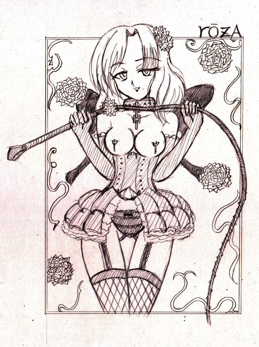 breasts clothing deathsmiles female female_only holding_whip looking_at_viewer monochrome nipple_piercing nipples rosa_(deathsmiles) solo whip