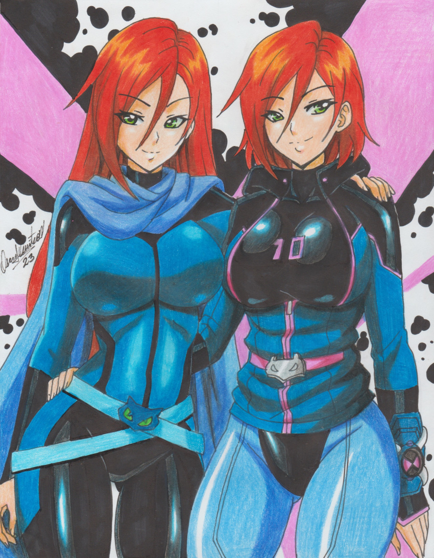 2023 2girls aged_up ben_10 big_breasts blue_bodysuit bodysuit cartoon_network clothing color female female_only future_gwen green_eyes gwen_10 gwen_tennyson long_hair pencil_(artwork) ravern_clouk red_hair tagme tight