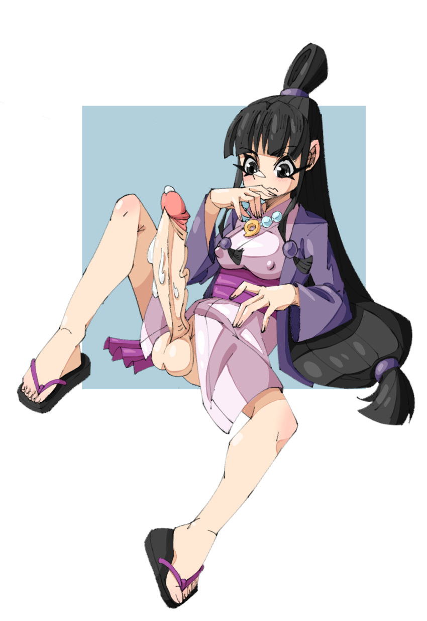 1futa 2023 ace_attorney after_ejaculation after_masturbation after_orgasm balls big_penis black_eyes black_hair blush boom_(destroy_sea_urchin) bottomless breasts capcom clothed clothing cum cum_on_face cum_on_penis dress dress_lift ejaculation erection flip_flops fringe futa_only futanari gyakuten_saiban huge_cock human light-skinned_futanari light_skin long_hair looking_at_penis low_ponytail magatama magatama_necklace mostly_clothed nipple_bulge nipples nipples_visible_through_clothing no_bra no_panties no_underwear penis penis_under_clothes penis_under_dress ponytail sandals sitting solo solo_futa tied_hair vein veins veiny_penis very_long_hair zouri