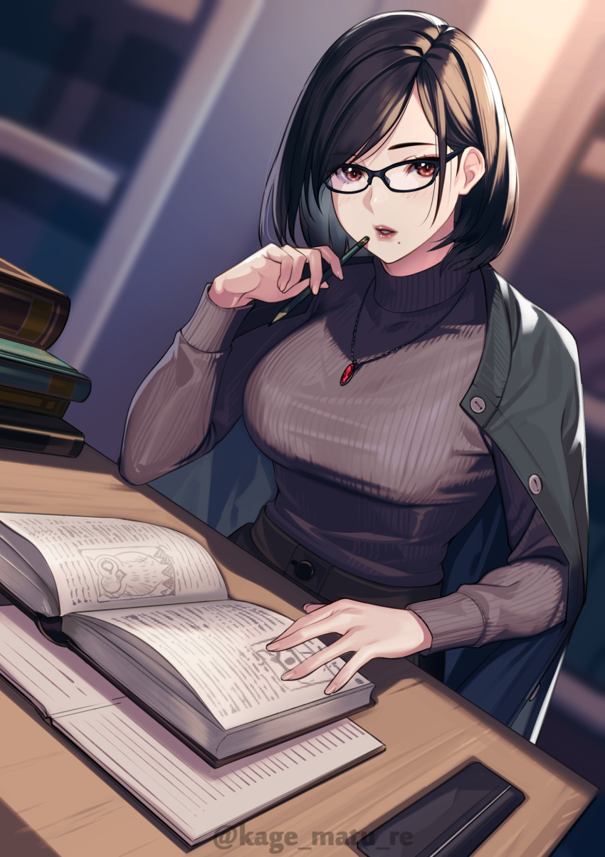 1girls black-framed_eyewear black_hair black_skirt black_sweater blurry_background blush book breasts brown_eyes desk female female_focus glasses green_jacket highres indoors jacket jacket_on_shoulders jewelry kagematsuri library long_sleeves looking_at_viewer mature_female medium_hair mole_under_mouth necklace open_book original original_character pencil reading_book short_hair sitting skirt sweater turtleneck