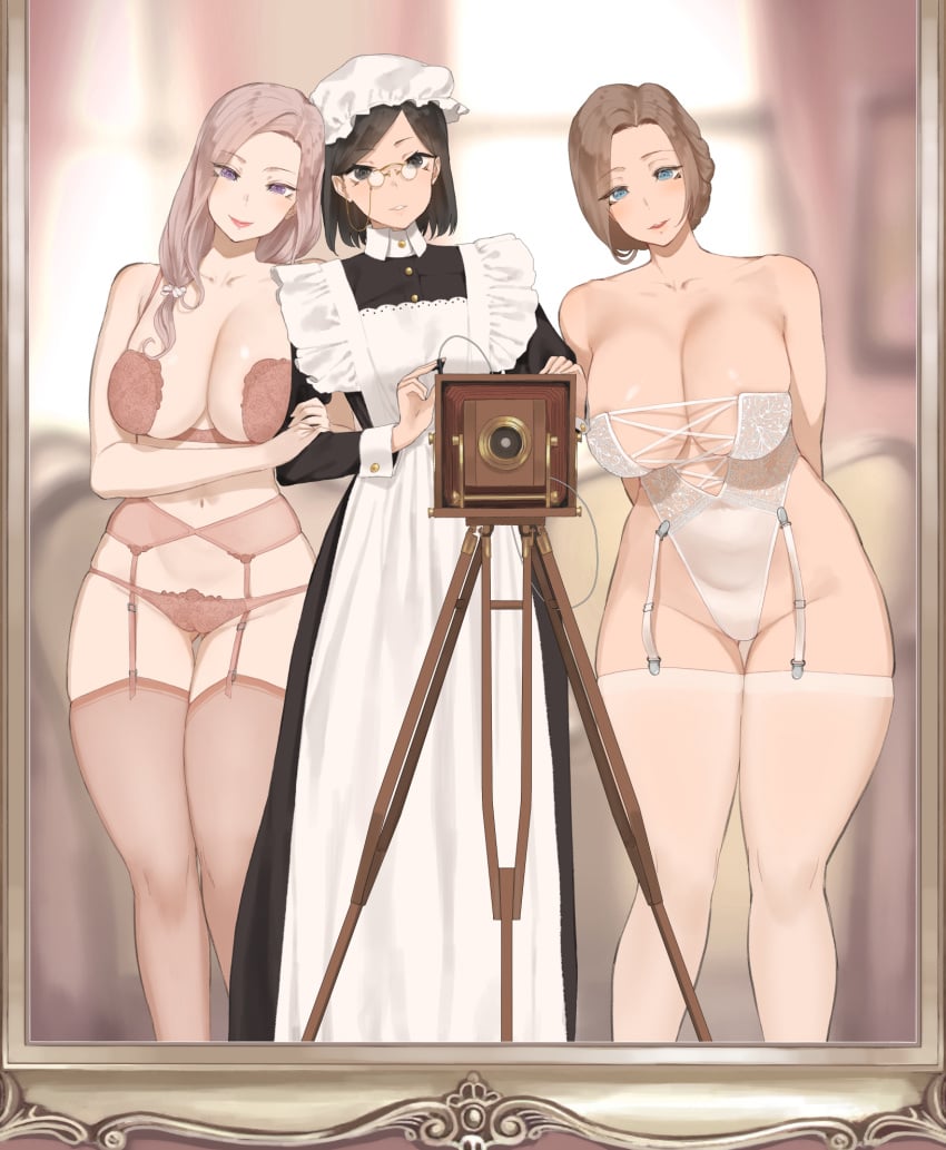 3girls camera clothed clothing female female_only garter_straps glasses holding_another's_arm human light-skinned_female lingerie long_hair maid maid_headdress maid_uniform mirror original original_character selfie thighhighs throtem underwear