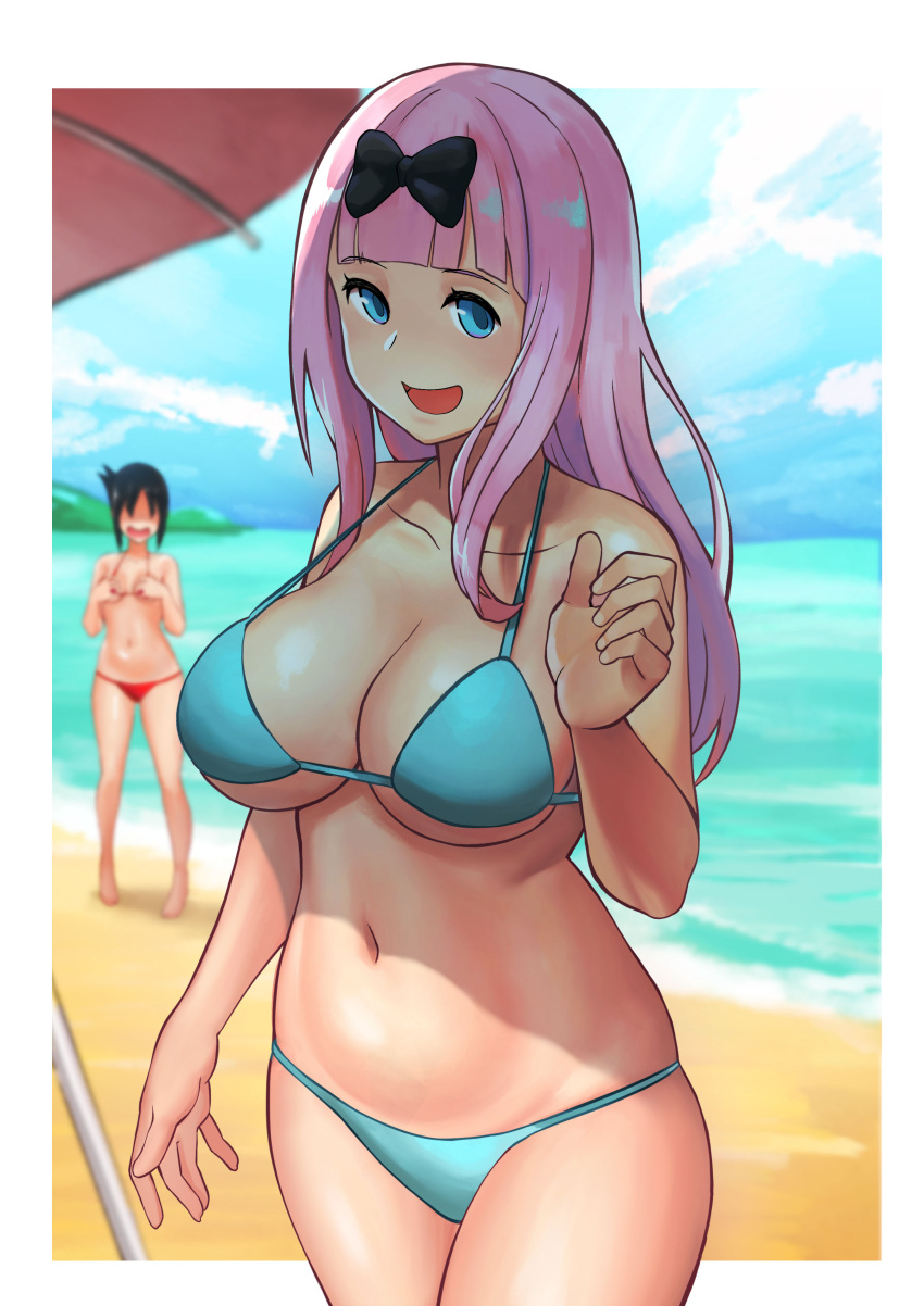 2girls beach big_breasts bikini black_hair blue_eyes bonz0616 bonz_(bonz0616) breasts busty cleavage female female_only fujiwara_chika kaguya-sama_wa_kokurasetai_~tensai-tachi_no_renai_zunousen~ long_hair multiple_girls navel pink_hair shinomiya_kaguya smile swimsuit thick_thighs thighs voluptuous_female