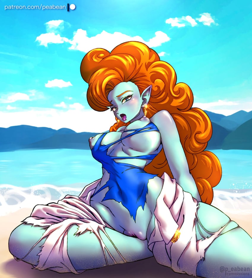 1girls alien_girl beach big_breasts blue_body breasts dragon_ball dragon_ball_z female mountain ocean orange_hair peabean pussy ripped_clothing solo thighs water zangya