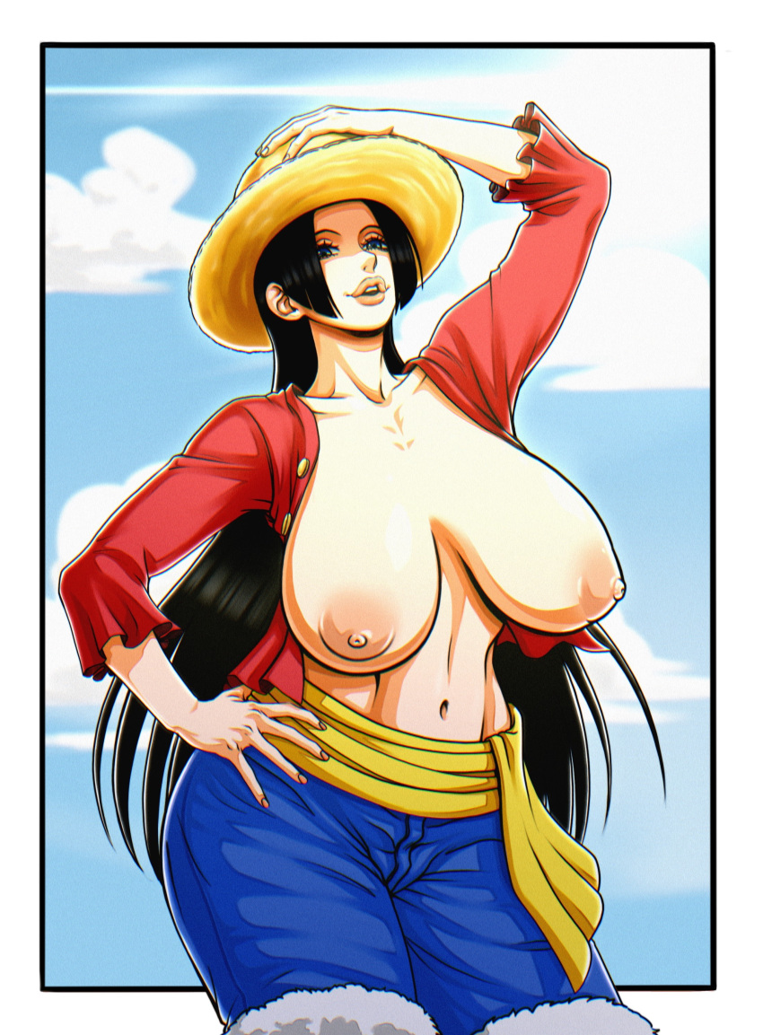 1girls big_breasts boa_hancock cosplay crossplay female female_only haction_(artist) human light-skinned_female light_skin monkey_d_luffy_(cosplay) one_piece solo_female straw_hat topless topless_cosplay voluptuous