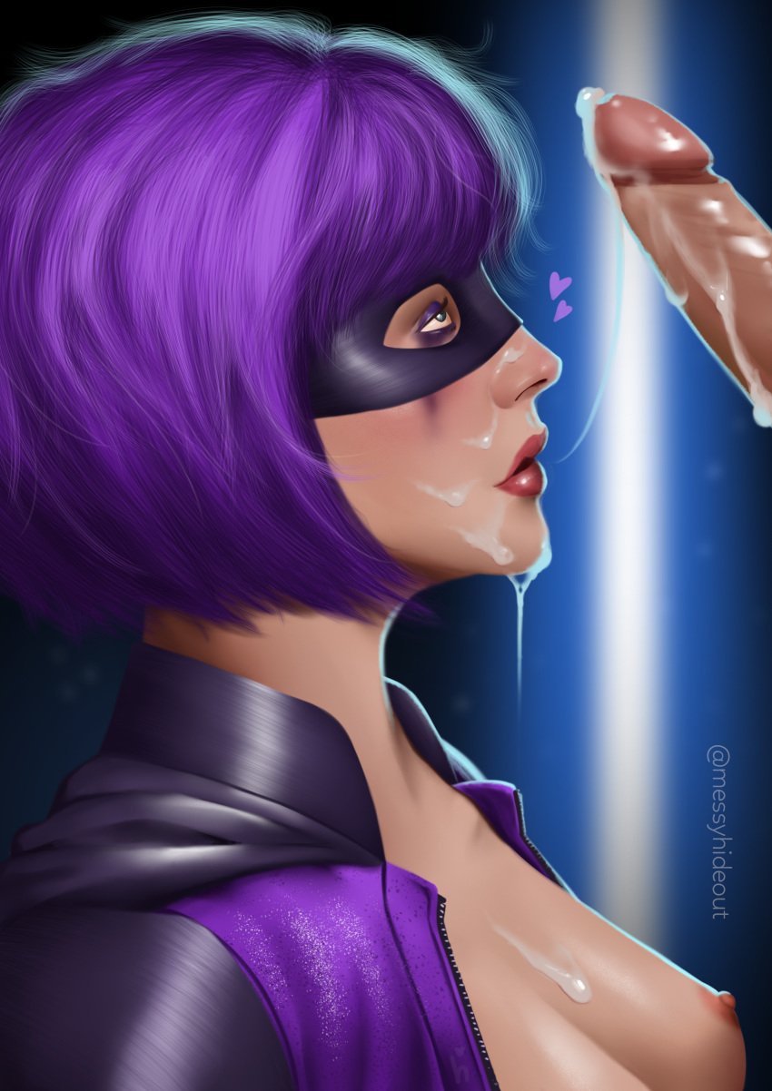 after_fellatio after_sex breasts breasts_out chloe_grace_moretz cum cum_in_mouth cum_on_face cumshot facial fanart fellatio hit-girl kick-ass makeup marvel messyhideout mindy_macready parody partial_male purple_hair ruined_makeup