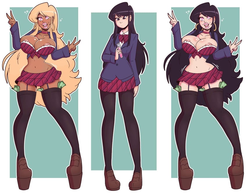 1girls alternate_transformations before_and_after bimbo bimbo_prostitute bimbofication black_hair black_socks blonde_hair brain_drain brainwashing breast_expansion breasts brown_loafers cash choker cleavage dark_skin garter_straps gyaru heart-shaped_pupils hi_res high_heels hooker hoop_earrings komi-san_wa_komyushou_desu komi_shouko large_ass large_breasts loafers long_hair midriff money navel nipple_slip personality_change pink_eyes platform_heels platform_shoes potion prostitute prostitution school_uniform schoolgirl shy socks symbol-shaped_pupils thick_lips thick_thighs thigh_socks thighhighs transformation v wide_hips wrenzephyr2